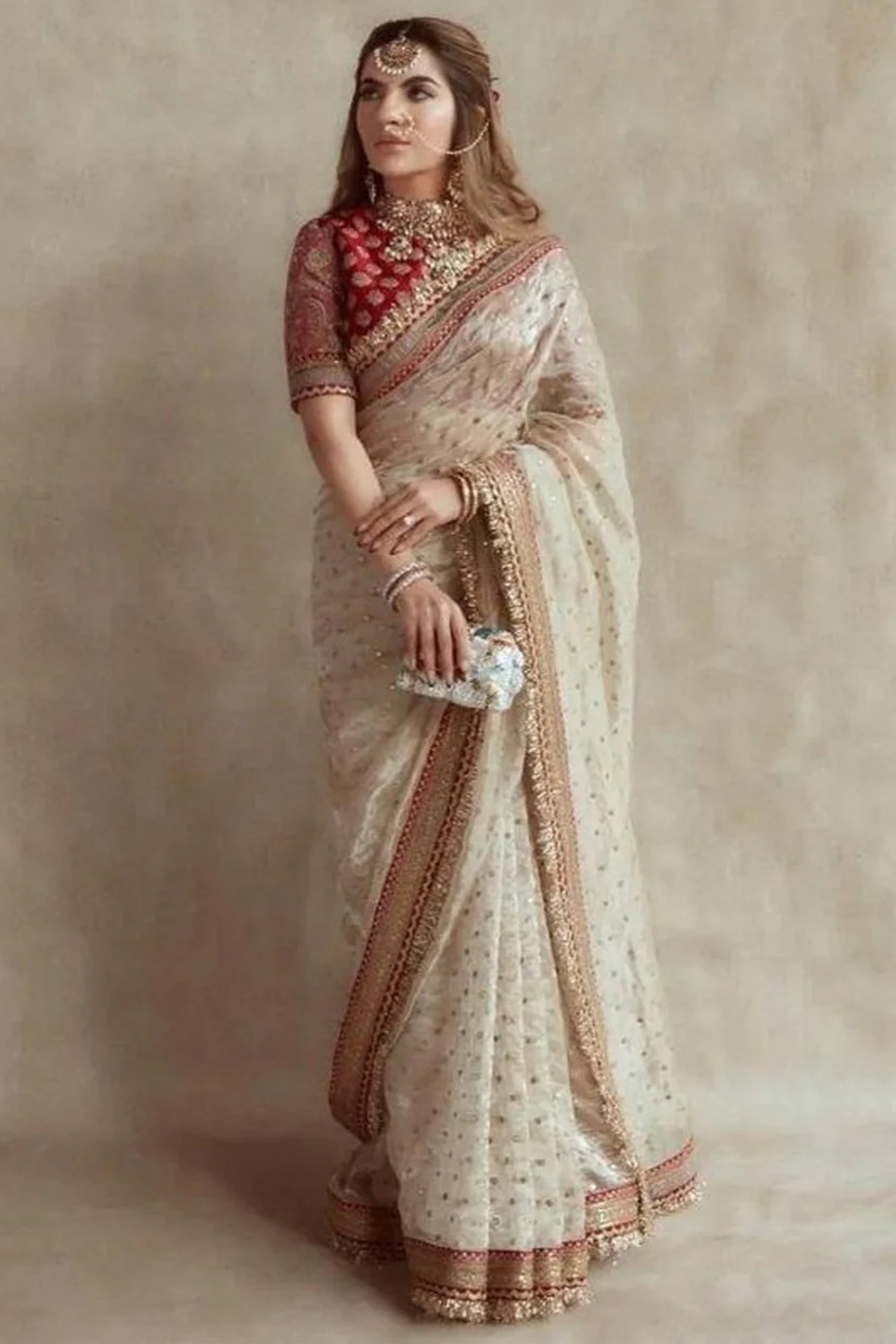Off White Organza Silk With Embroidery Thread + Sequence Butti Work Saree