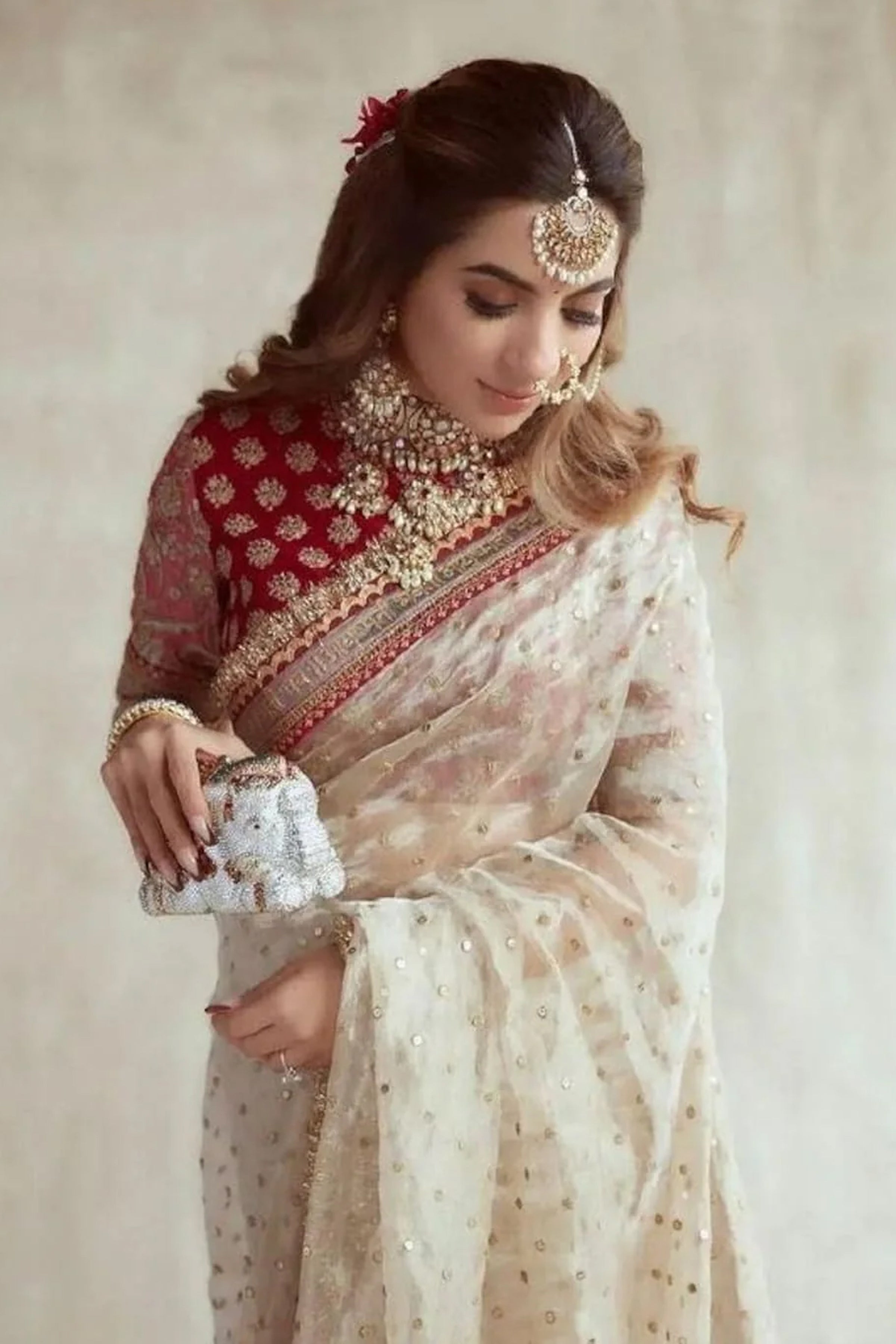 Off White Organza Silk With Embroidery Thread + Sequence Butti Work Saree