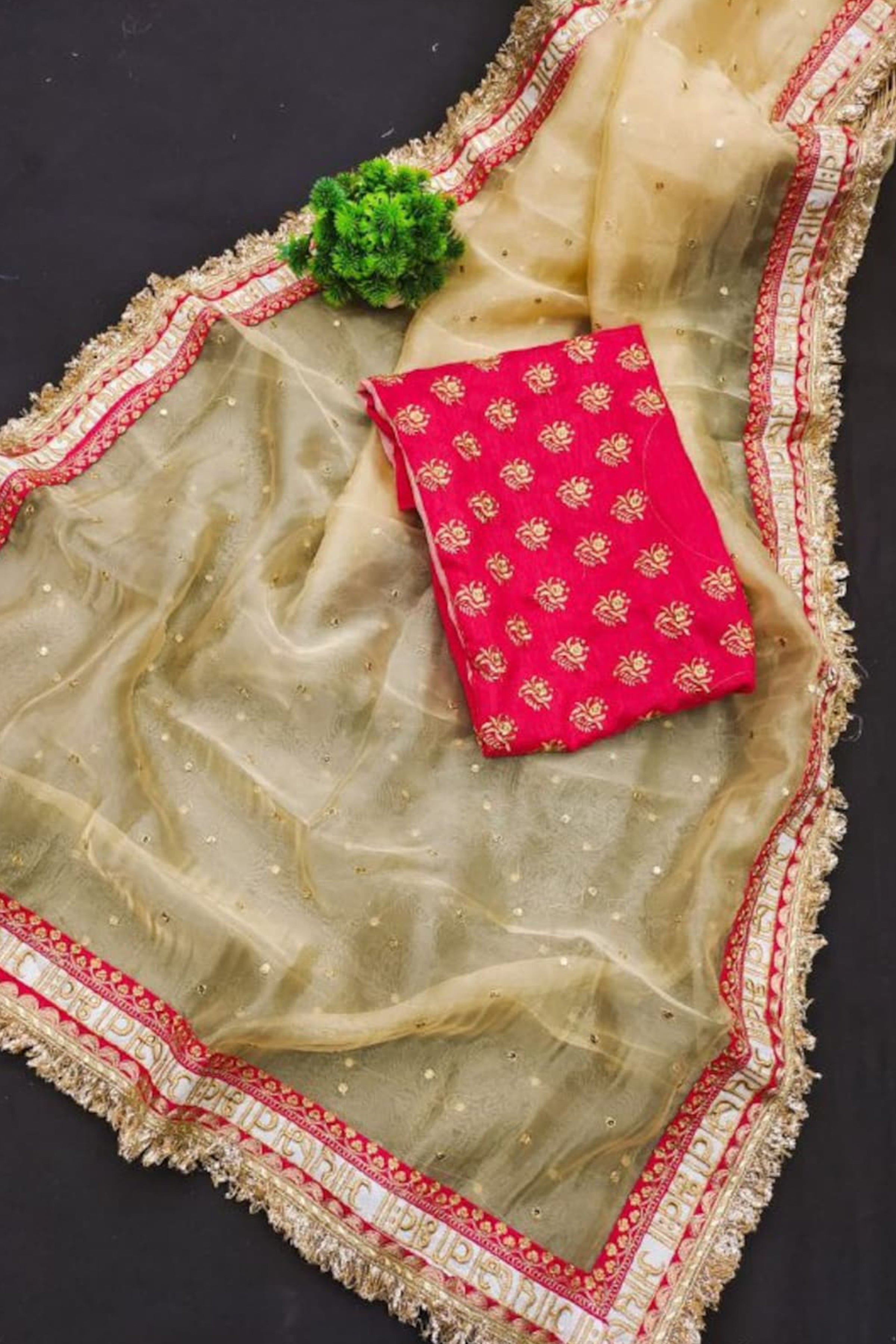 Off White Organza Silk With Embroidery Thread + Sequence Butti Work Saree