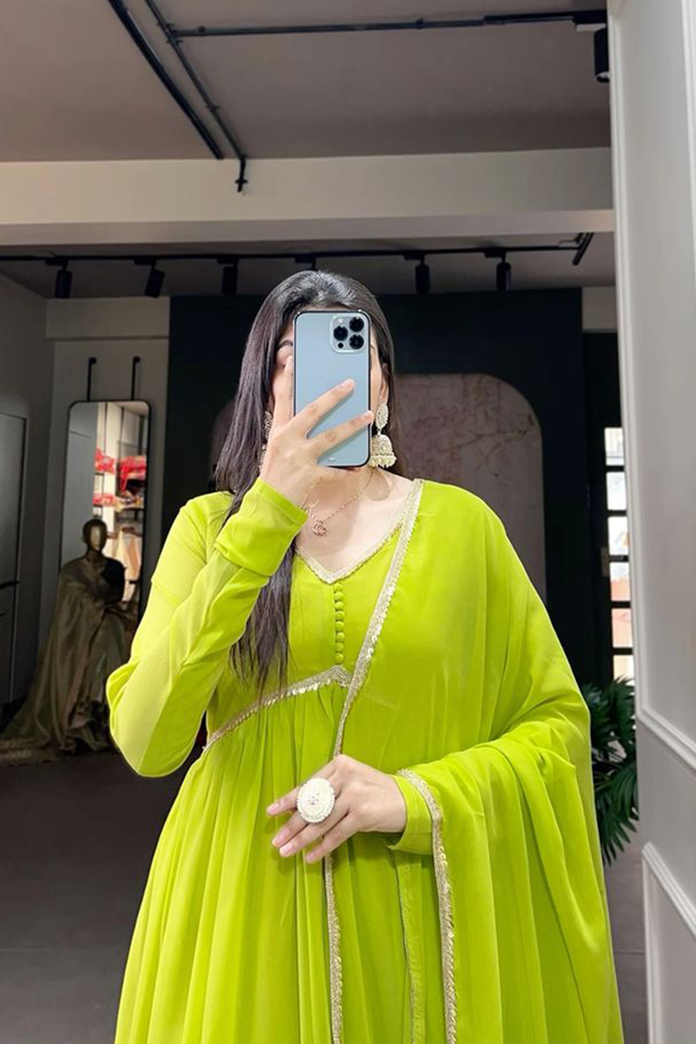 Delightful Parrot Green Colour Anarkali Gown With Dupatta