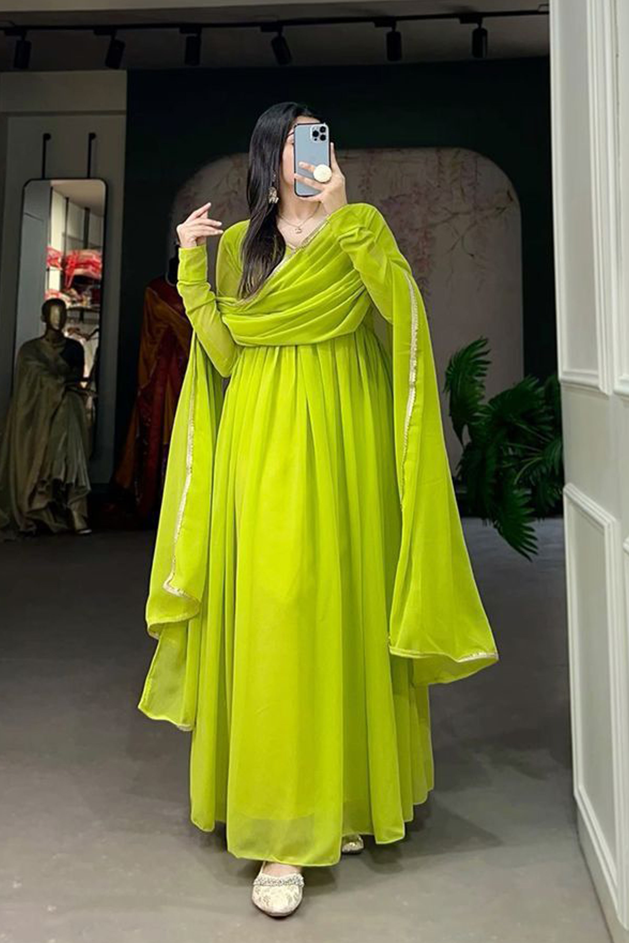 Delightful Parrot Green Colour Anarkali Gown With Dupatta