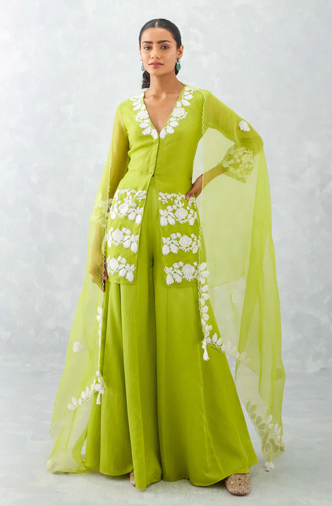 GREEN EMBROIDERED FRONT SLIT SHARARA SET