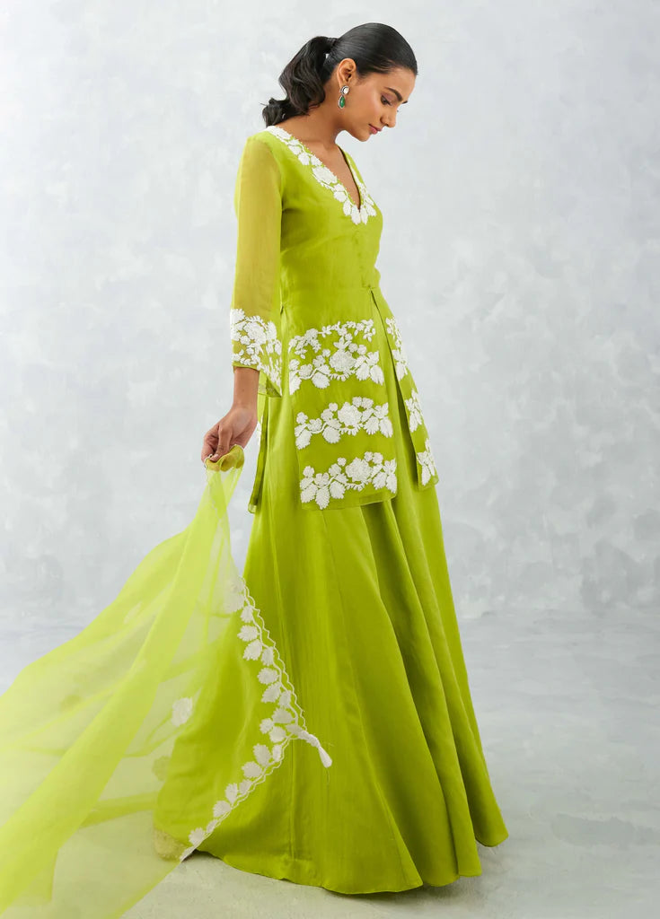 GREEN EMBROIDERED FRONT SLIT SHARARA SET
