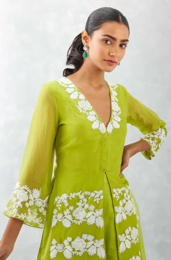 GREEN EMBROIDERED FRONT SLIT SHARARA SET