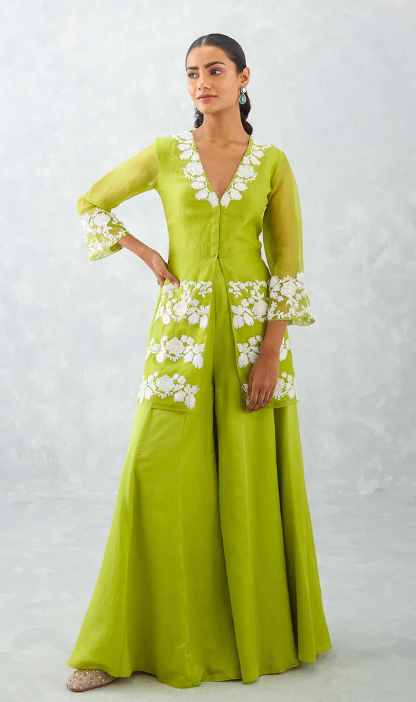 GREEN EMBROIDERED FRONT SLIT SHARARA SET