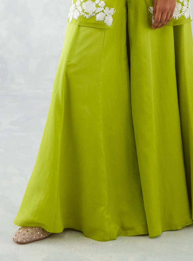 GREEN EMBROIDERED FRONT SLIT SHARARA SET