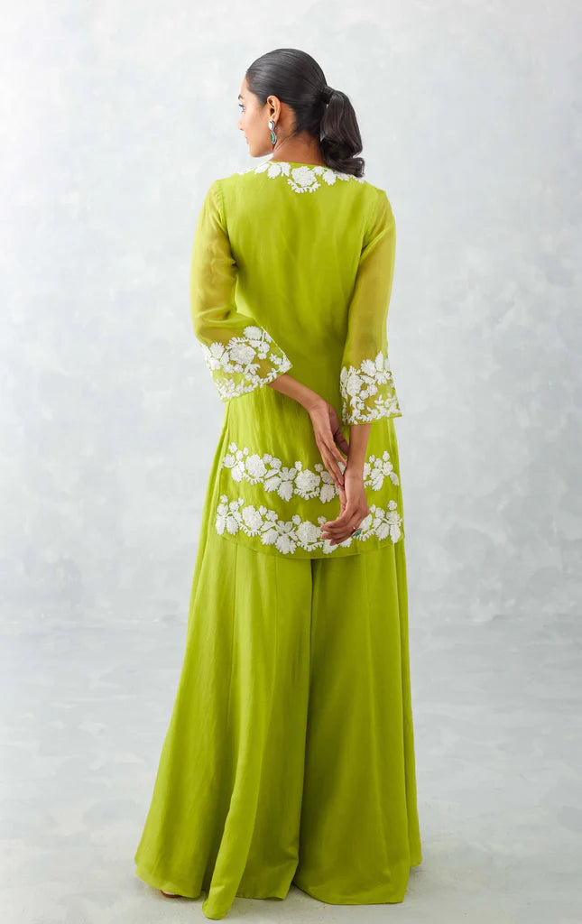 GREEN EMBROIDERED FRONT SLIT SHARARA SET