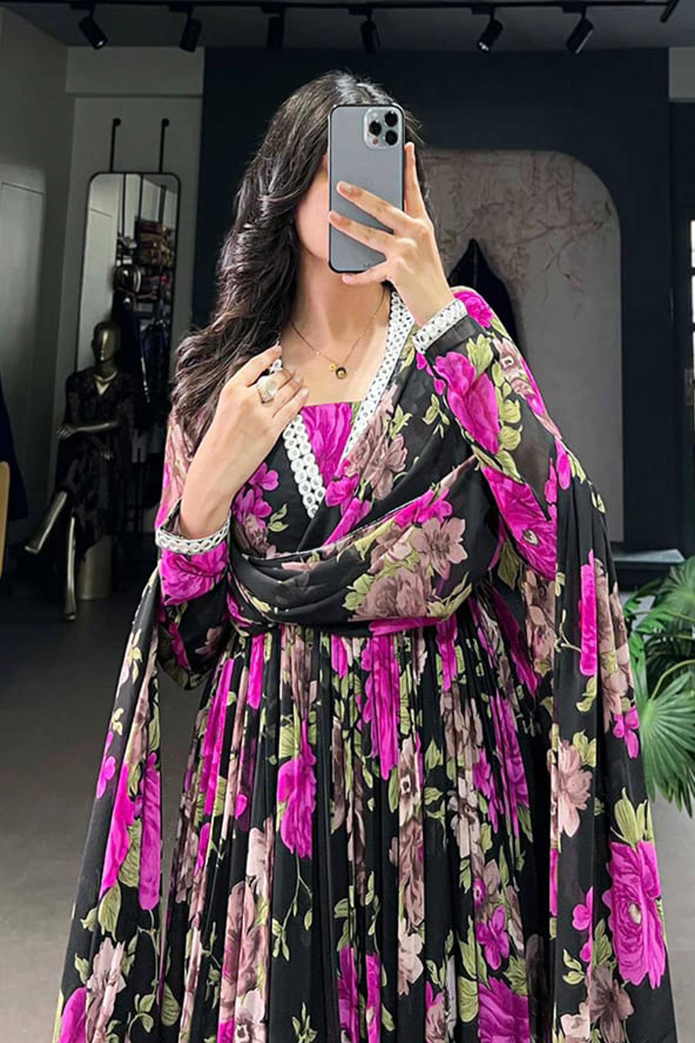 Pink Floral Printed Anarkali Gown With Dupatta