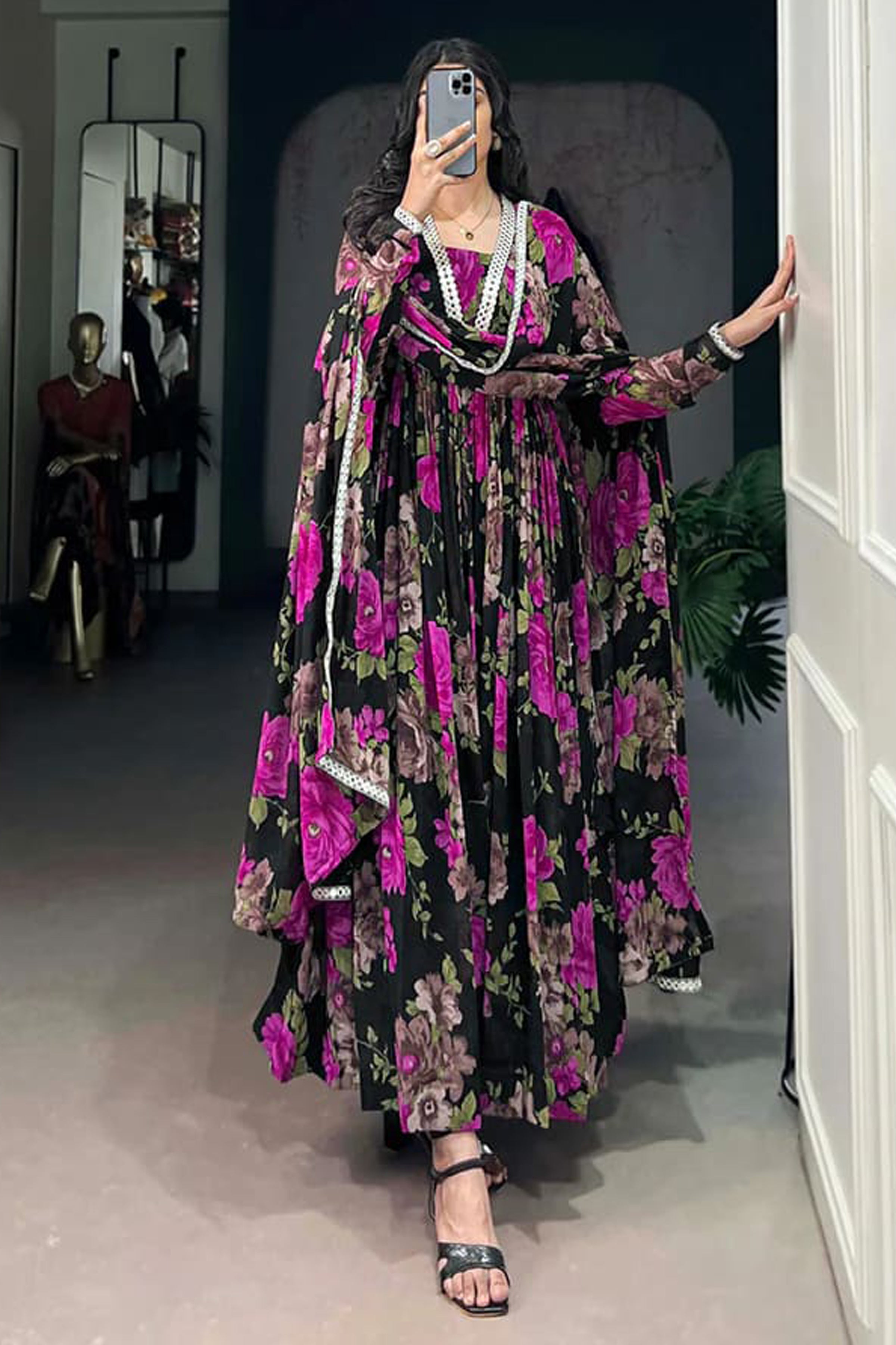 Pink Floral Printed Anarkali Gown With Dupatta