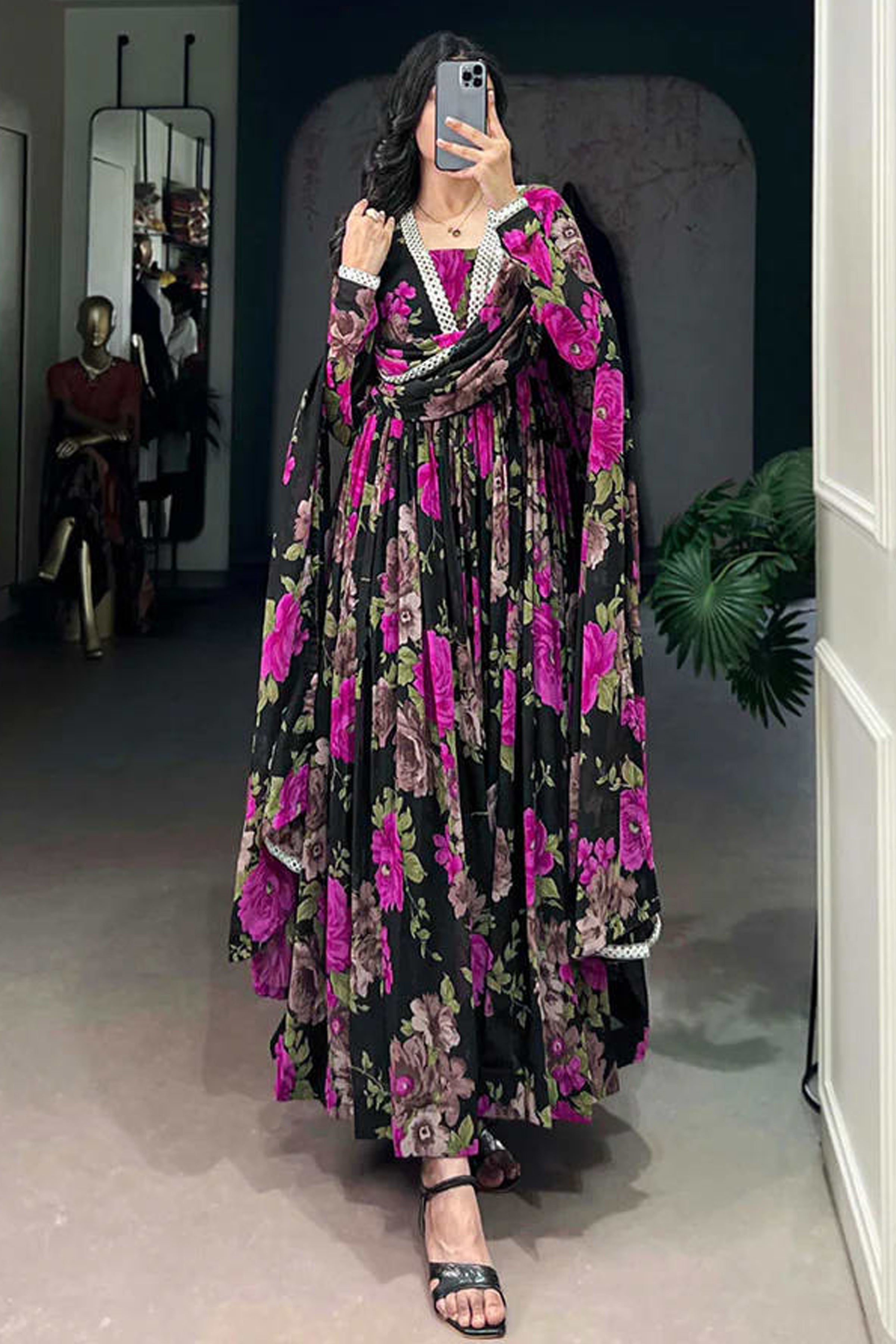 Pink Floral Printed Anarkali Gown With Dupatta