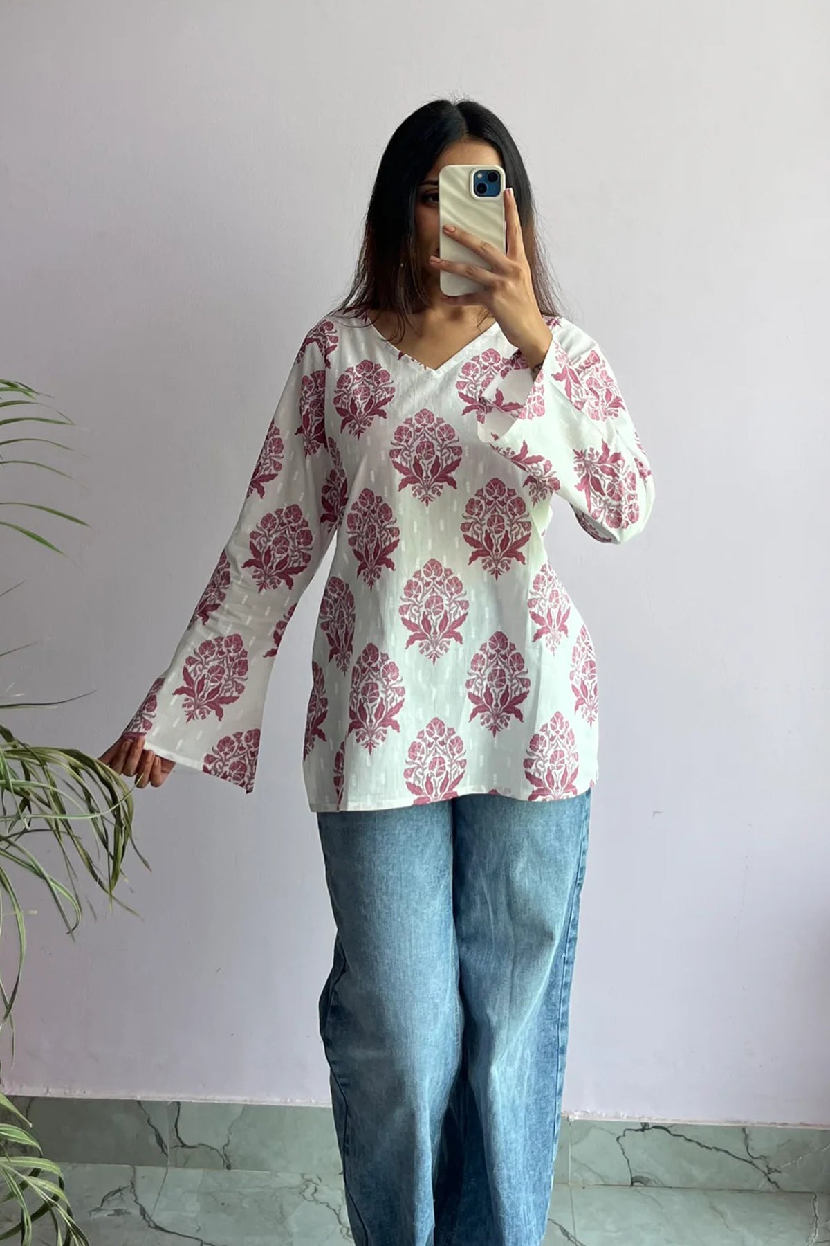 Floral Maroon Colour Buta Printed Kurta With Bell Sleeves