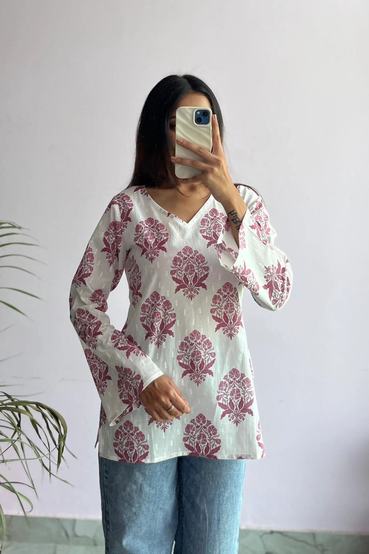 Floral Maroon Colour Buta Printed Kurta With Bell Sleeves