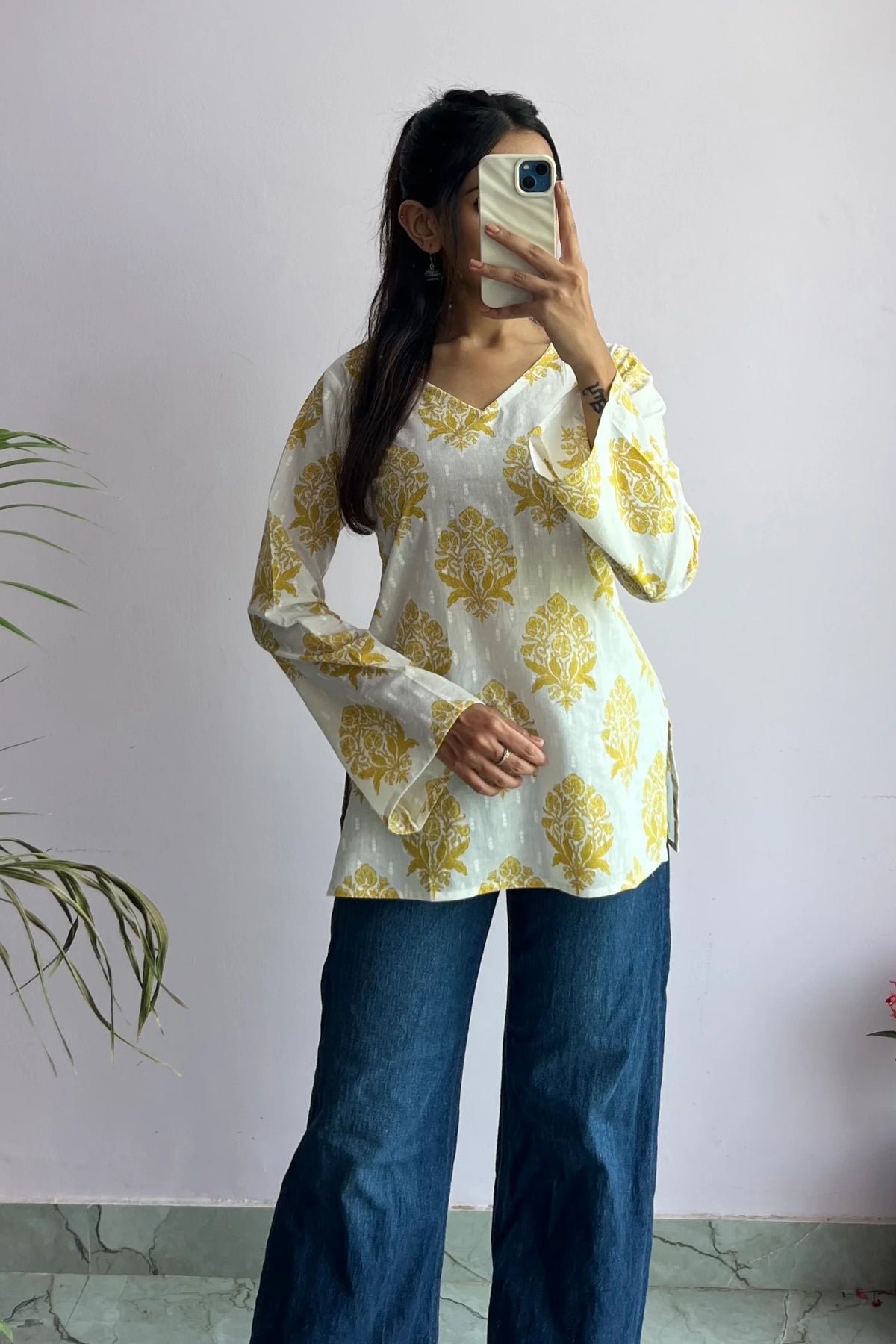 Floral Yellow Colour Buta Printed Kurta With Bell Sleeves