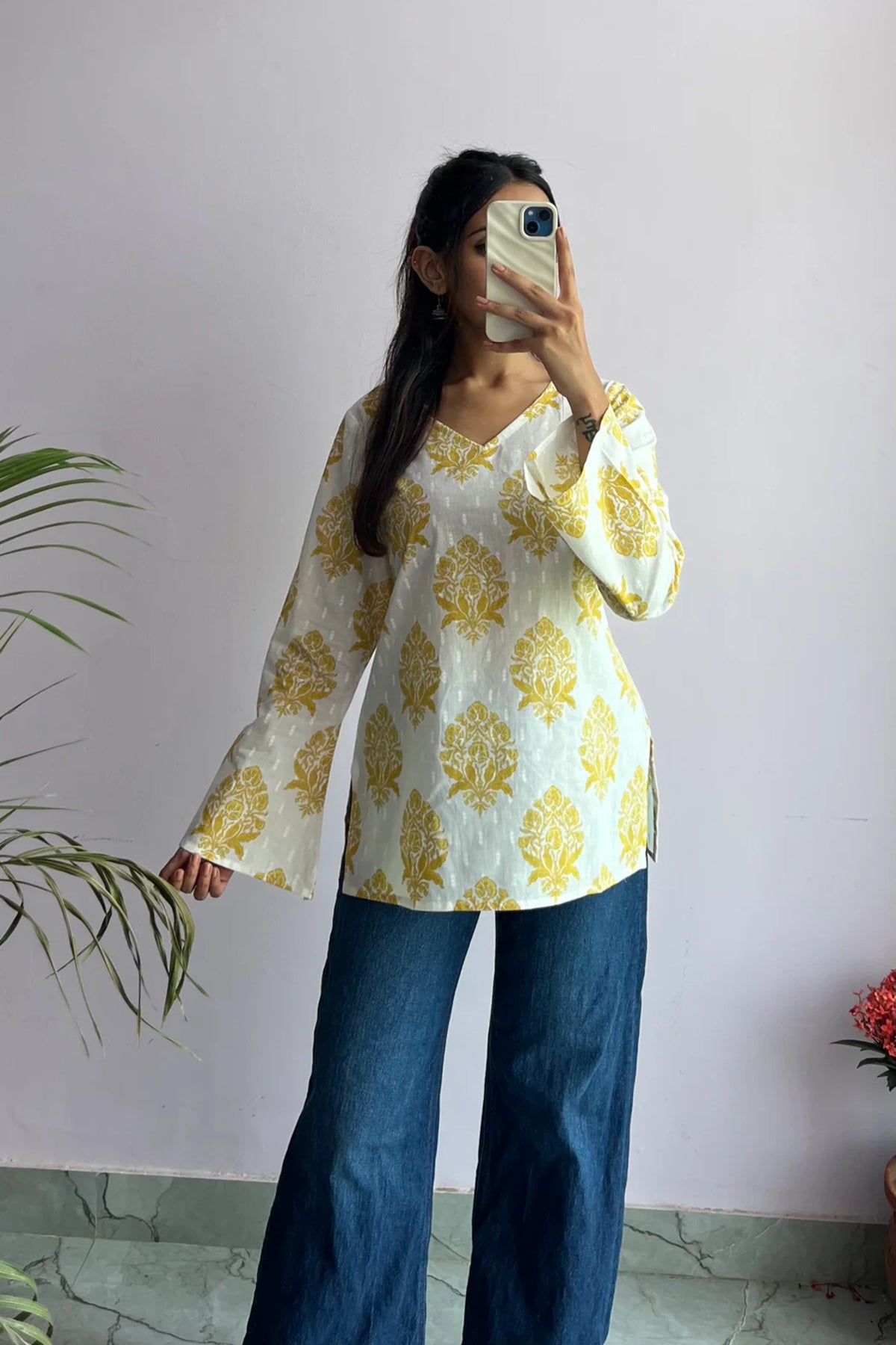 Floral Yellow Colour Buta Printed Kurta With Bell Sleeves