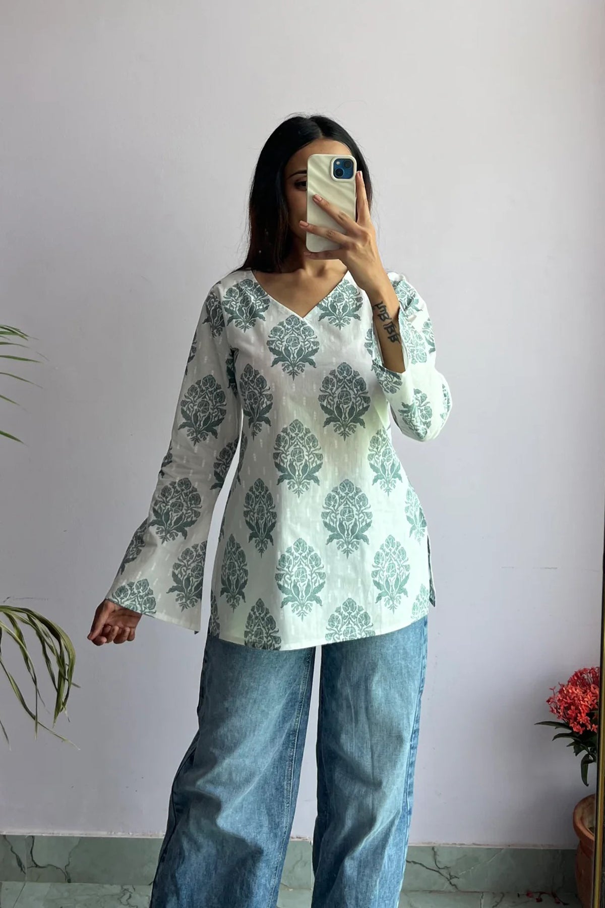 Floral Buta Printed Kurta With Bell Sleeves