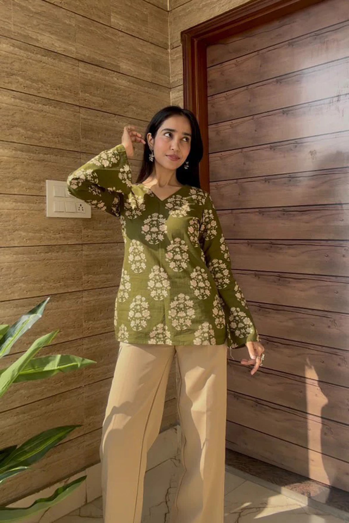Floral Printed Green Colour Kurta With Bell Sleeves