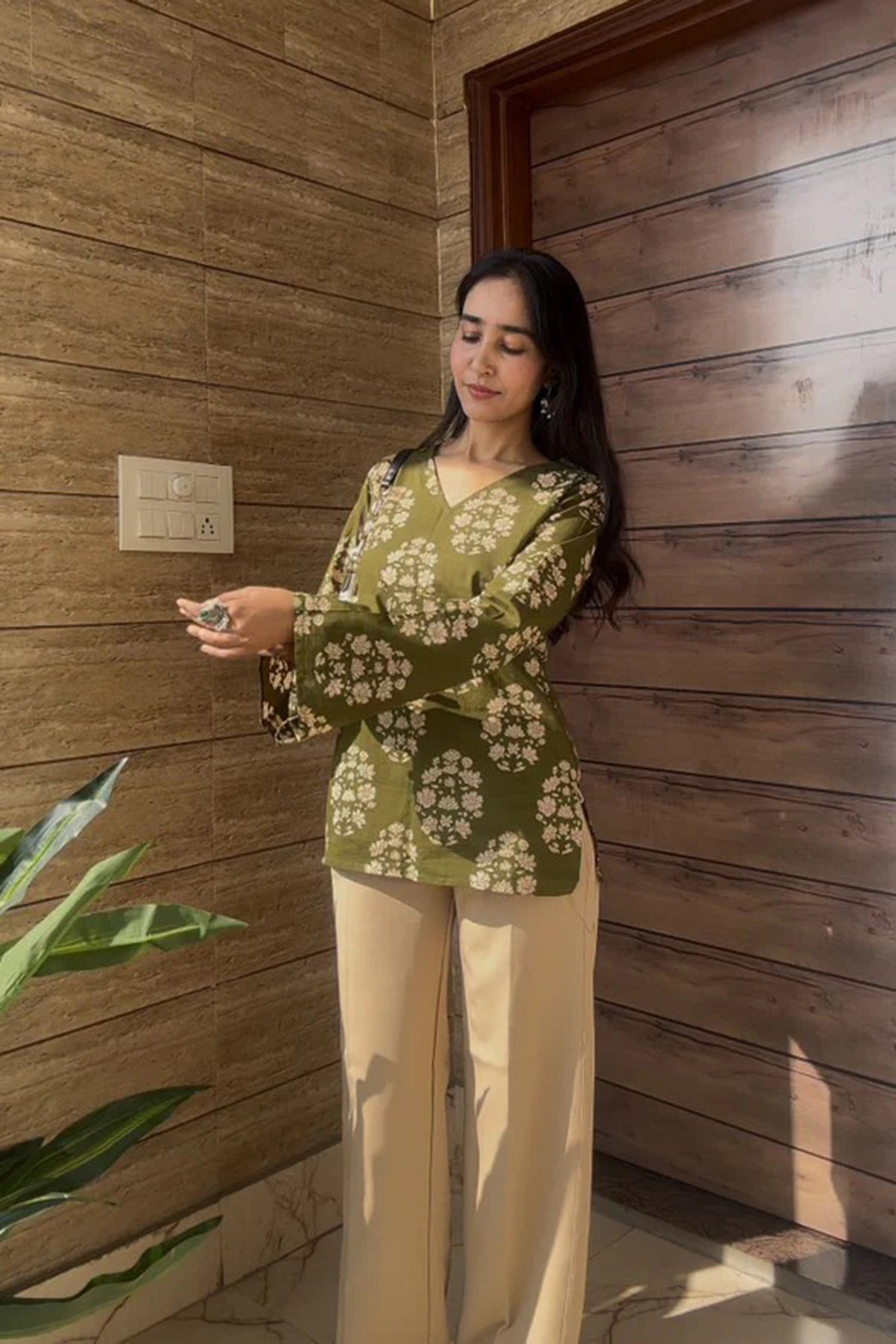 Floral Printed Green Colour Kurta With Bell Sleeves