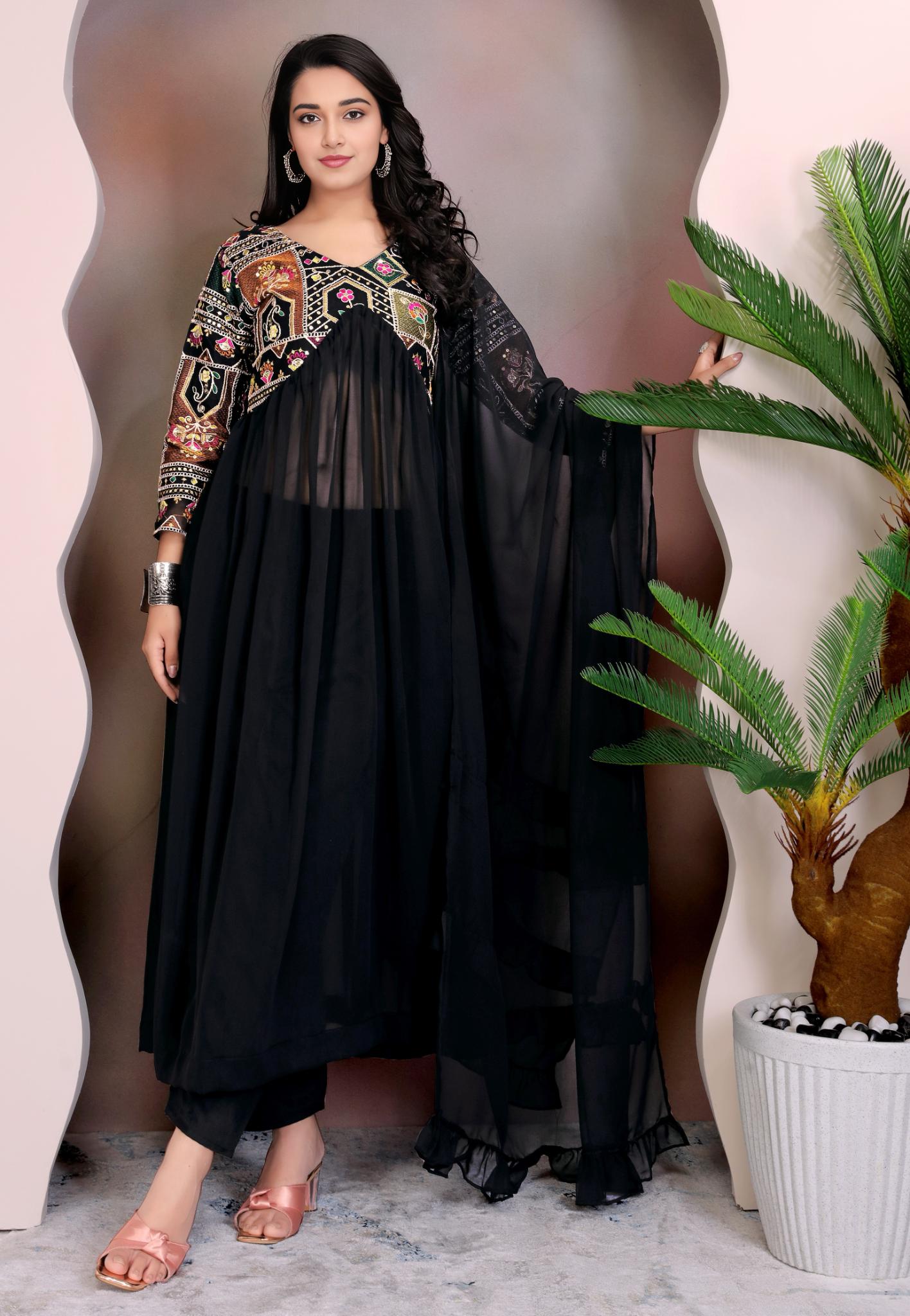 Black Colour Anarkali Gown Pant With Dupatta Set