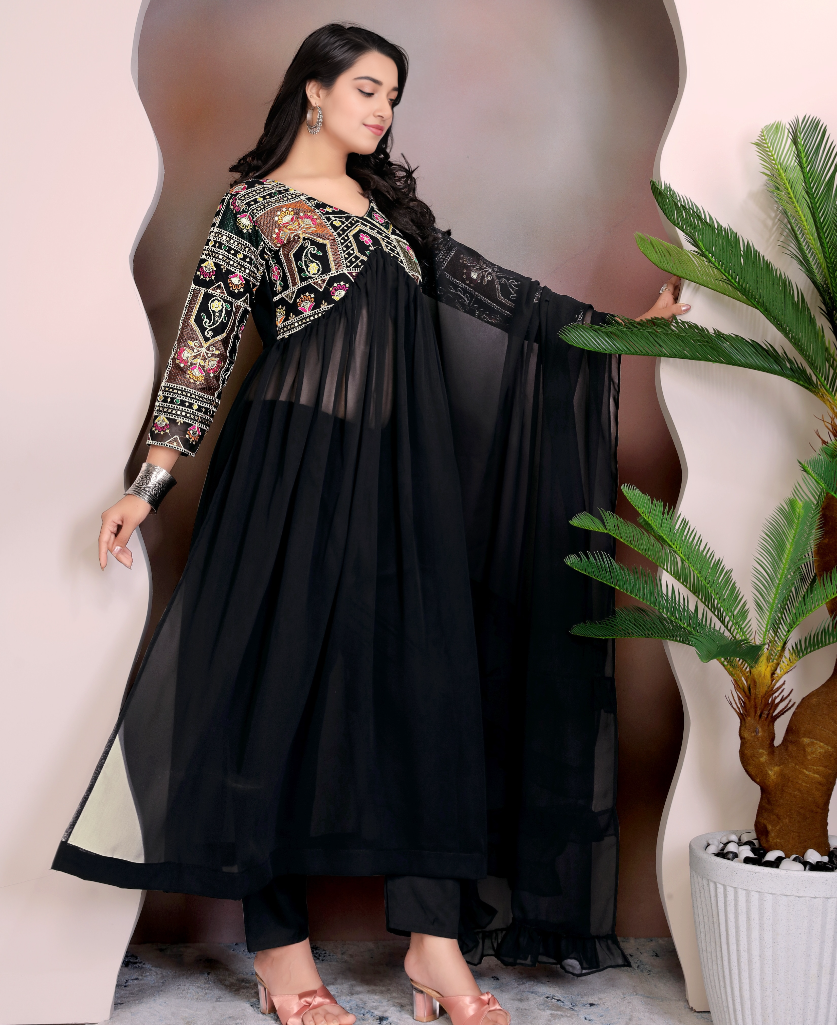 Black Colour Anarkali Gown Pant With Dupatta Set