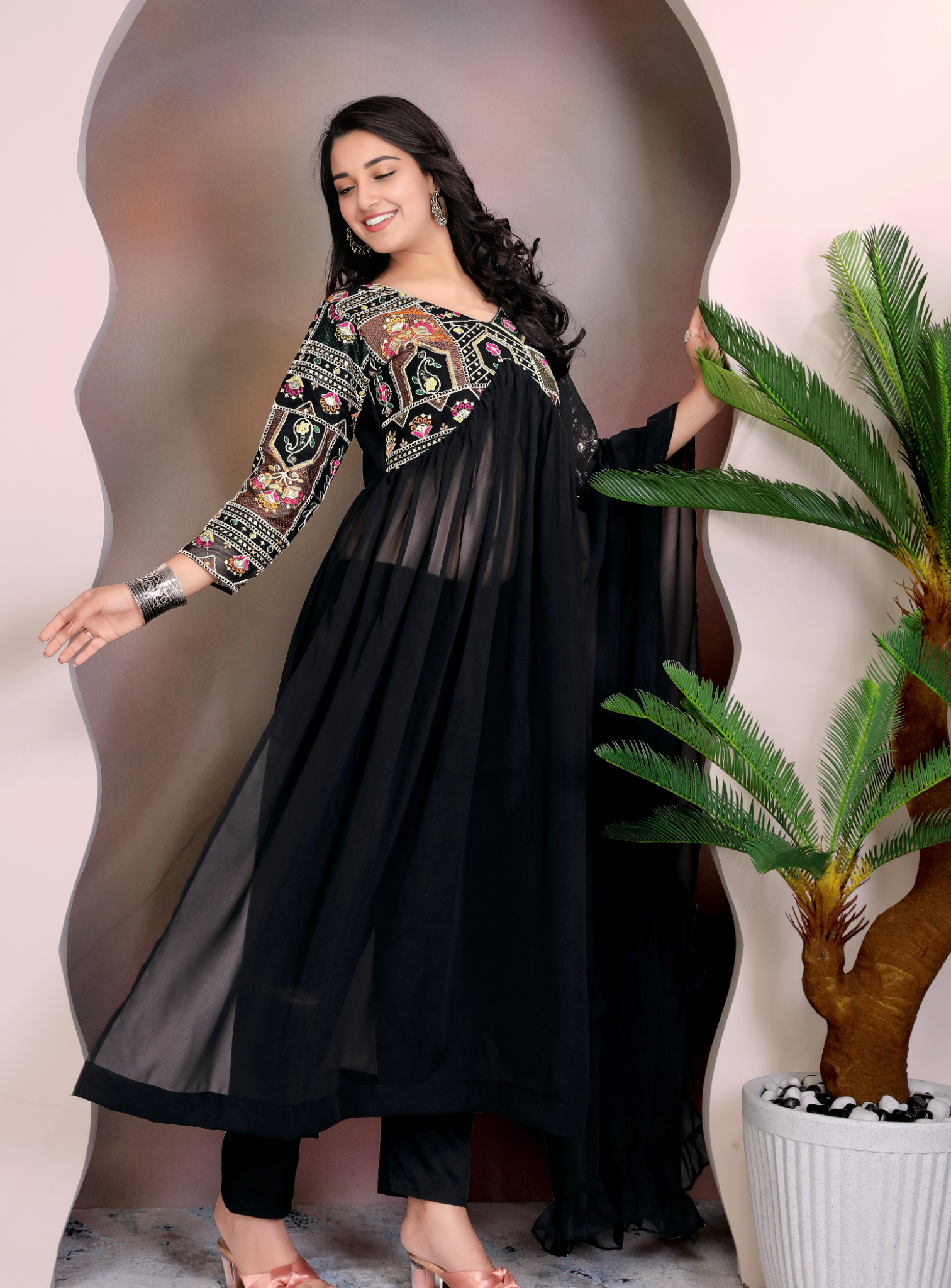 Black Colour Anarkali Gown Pant With Dupatta Set