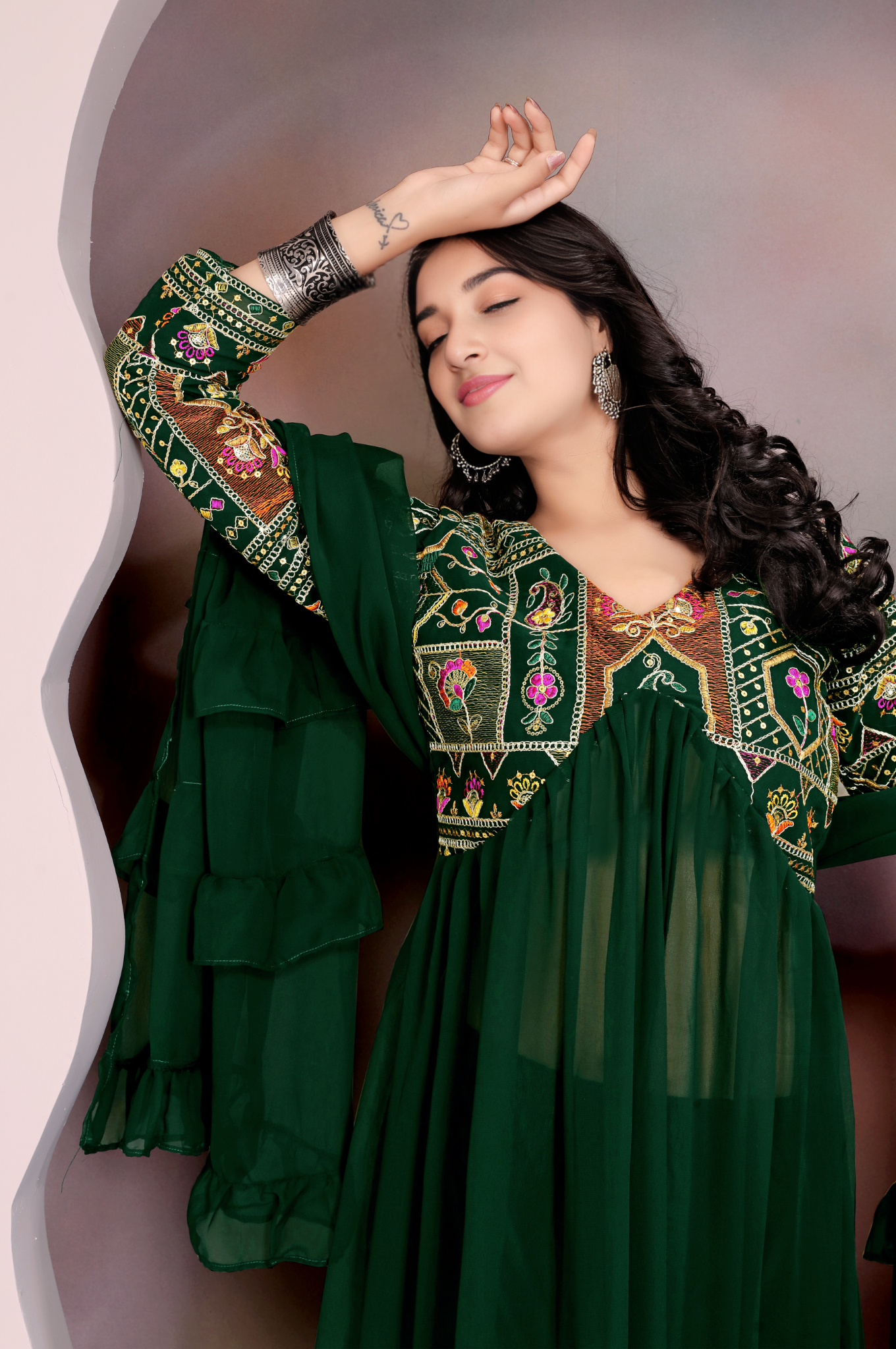GREEN Colour Anarkali Gown Pant With Dupatta Set