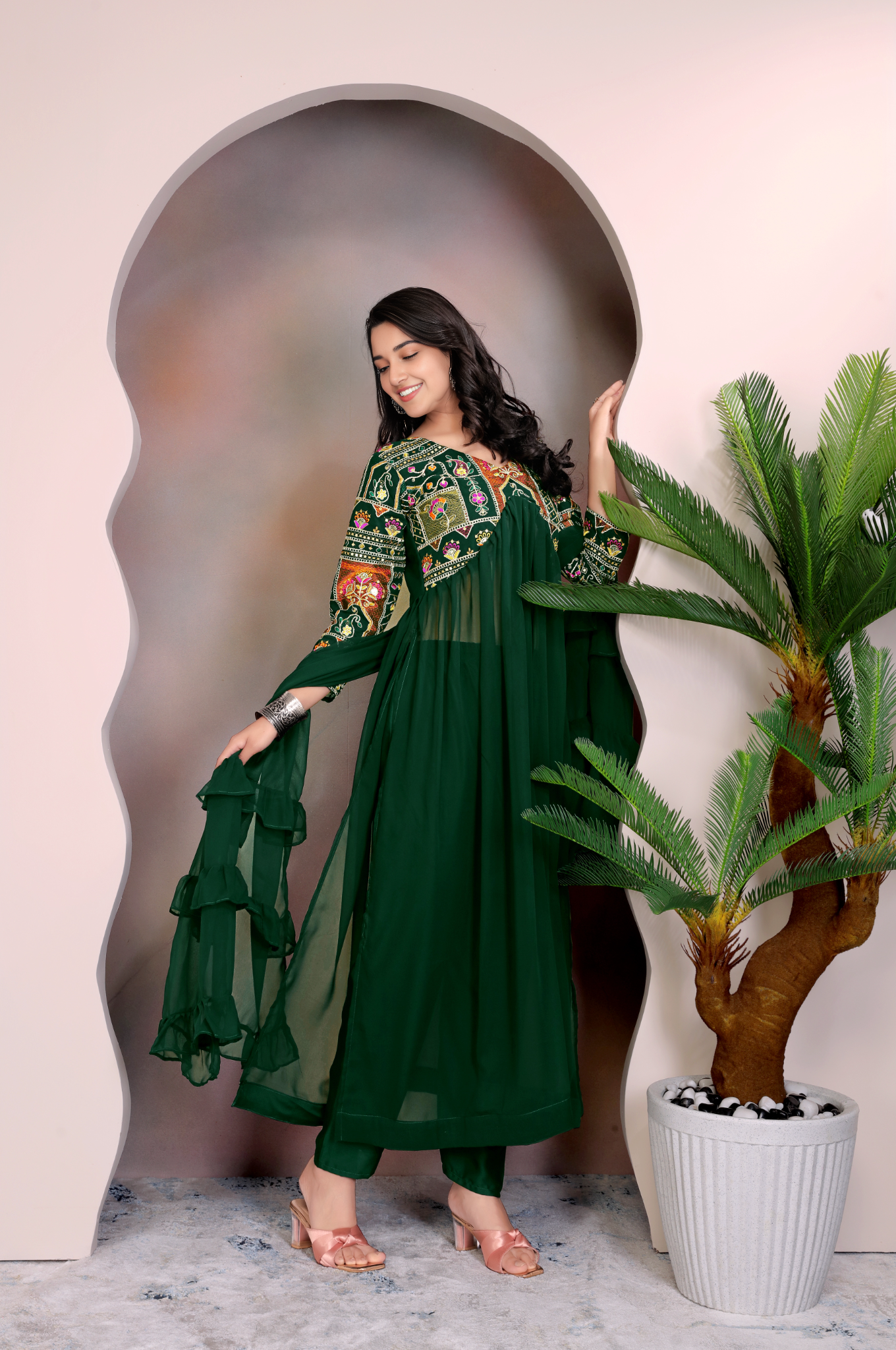 GREEN Colour Anarkali Gown Pant With Dupatta Set