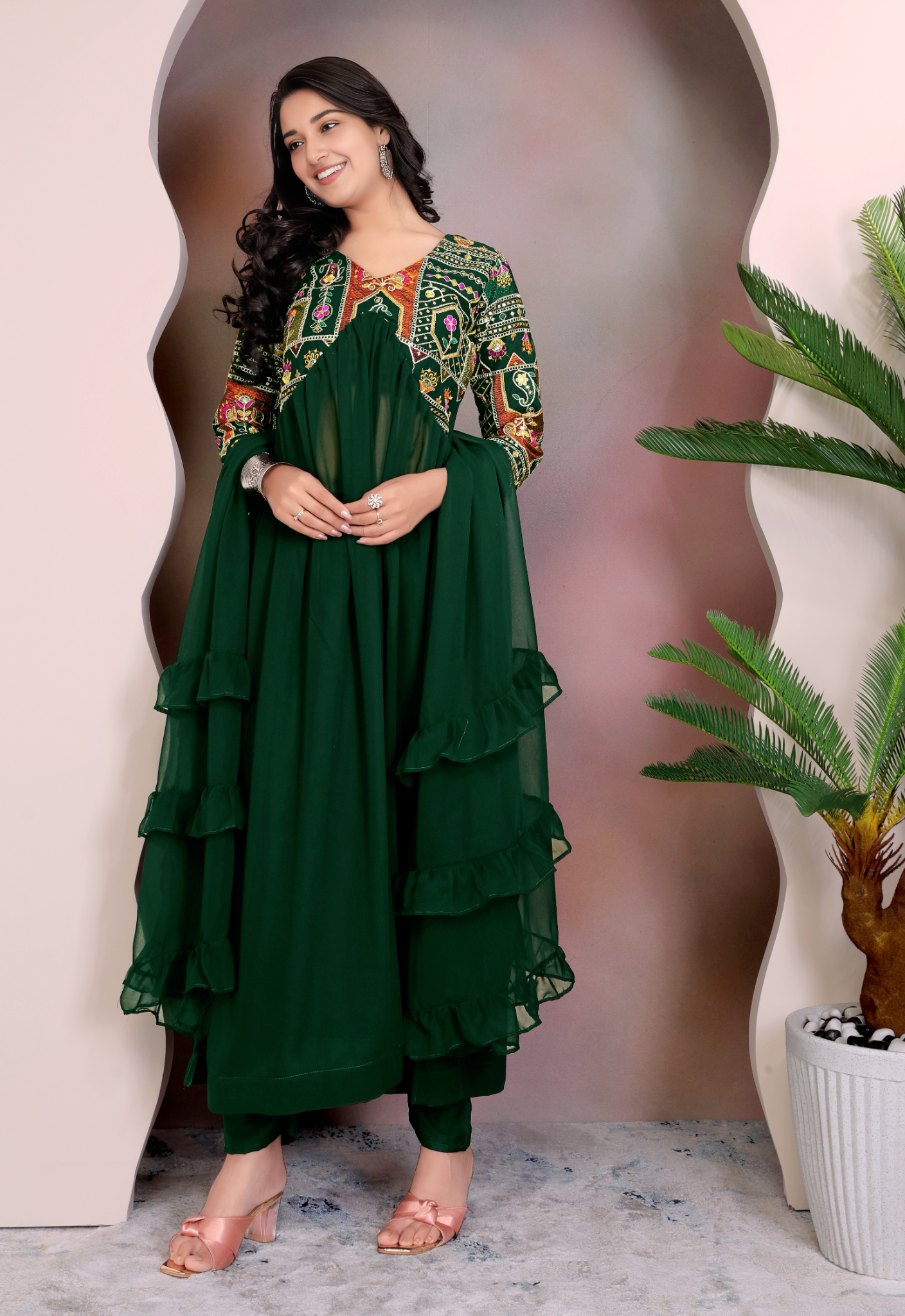 GREEN Colour Anarkali Gown Pant With Dupatta Set