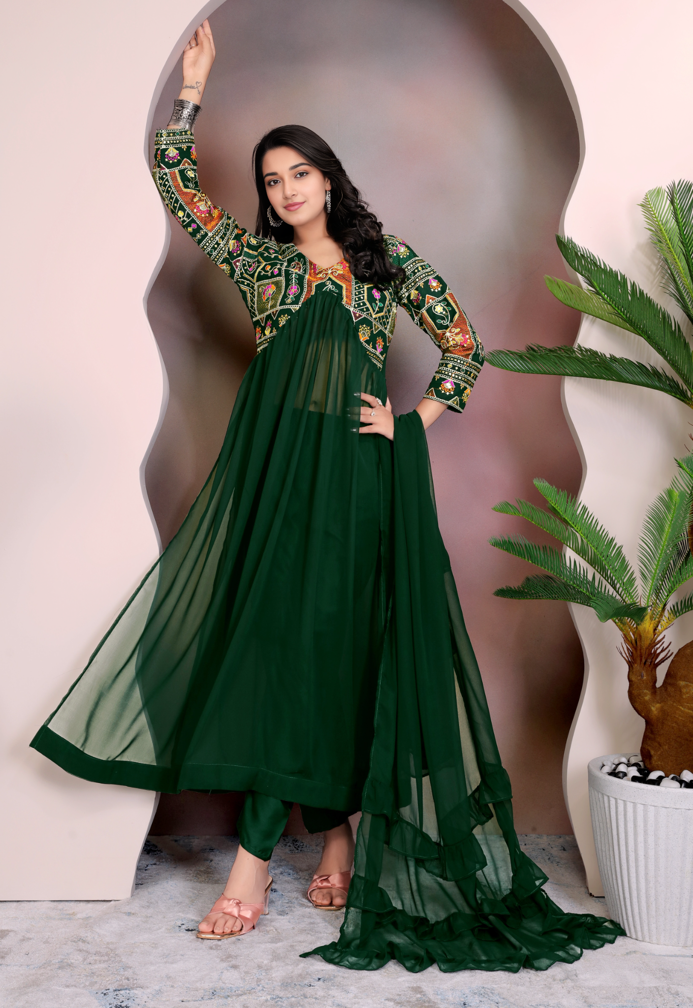GREEN Colour Anarkali Gown Pant With Dupatta Set