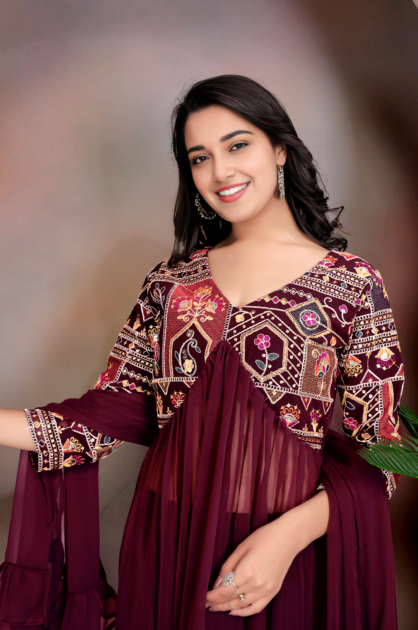 Maroon Colour Anarkali Gown Pant With Dupatta Set
