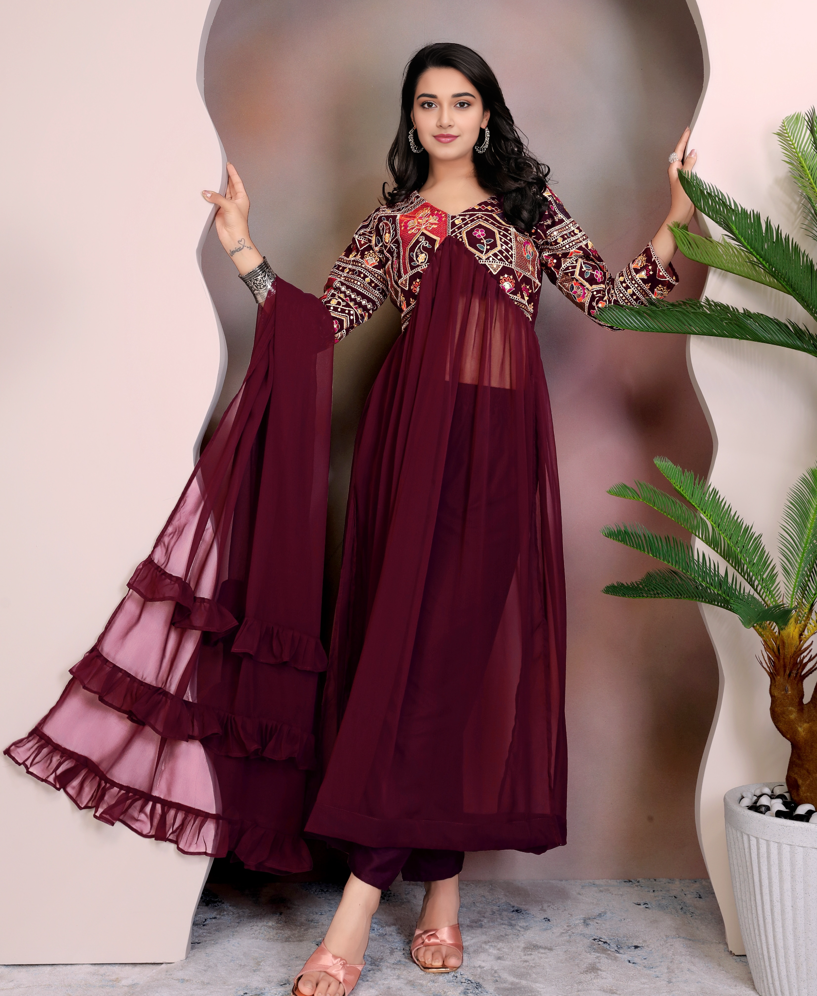 Maroon Colour Anarkali Gown Pant With Dupatta Set