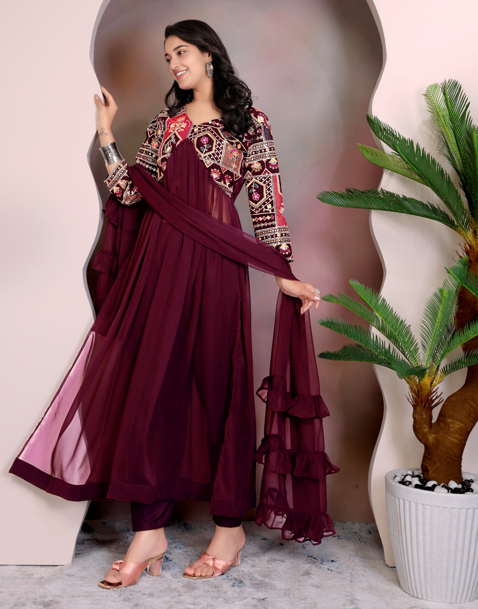 Maroon Colour Anarkali Gown Pant With Dupatta Set