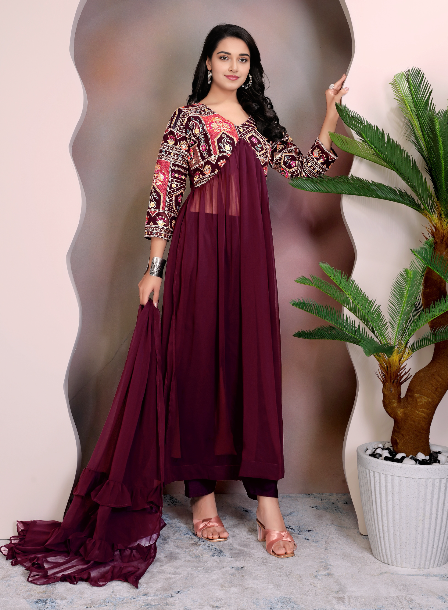 Maroon Colour Anarkali Gown Pant With Dupatta Set