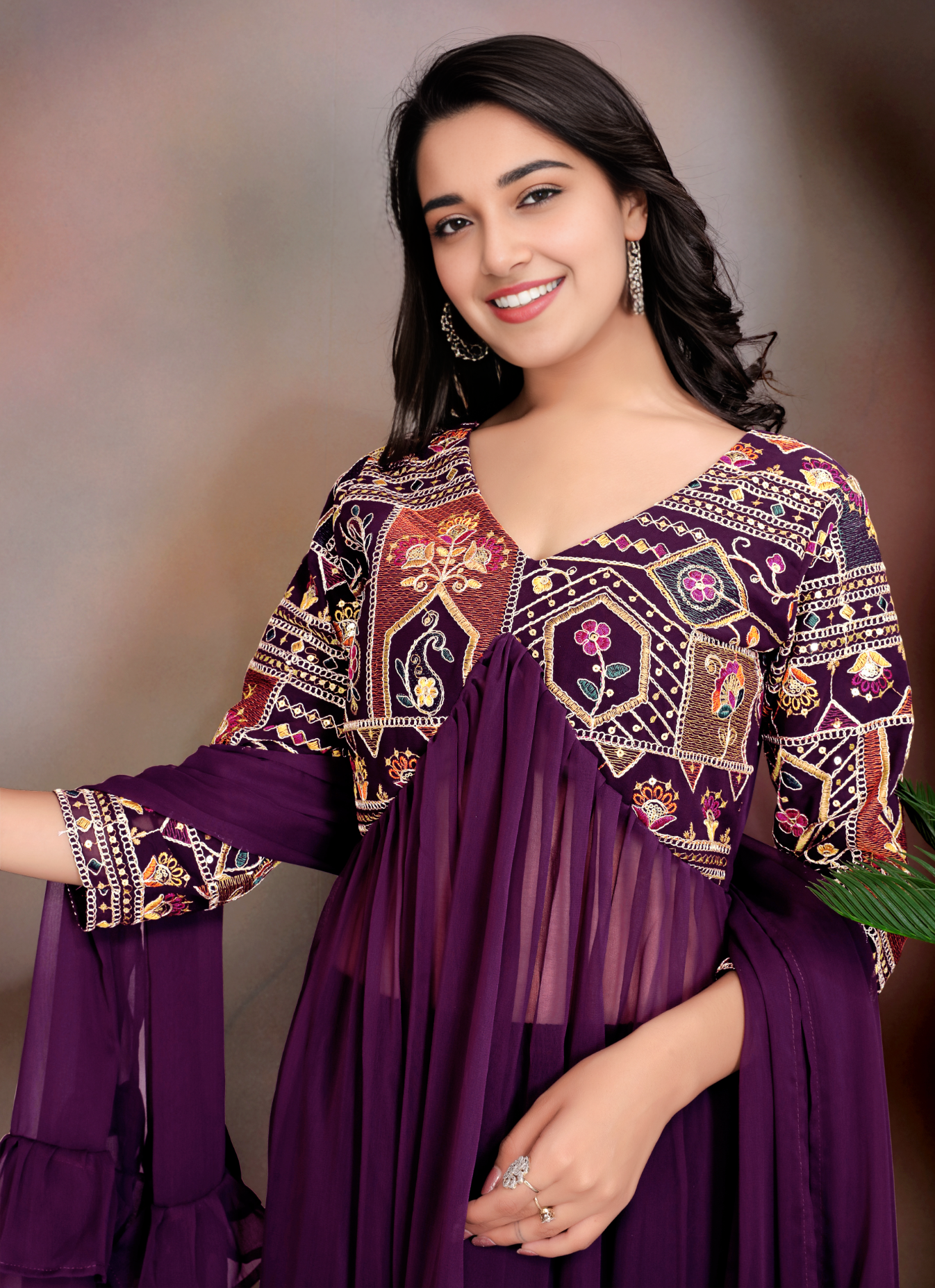 PURPLE Colour Anarkali Gown Pant With Dupatta Set