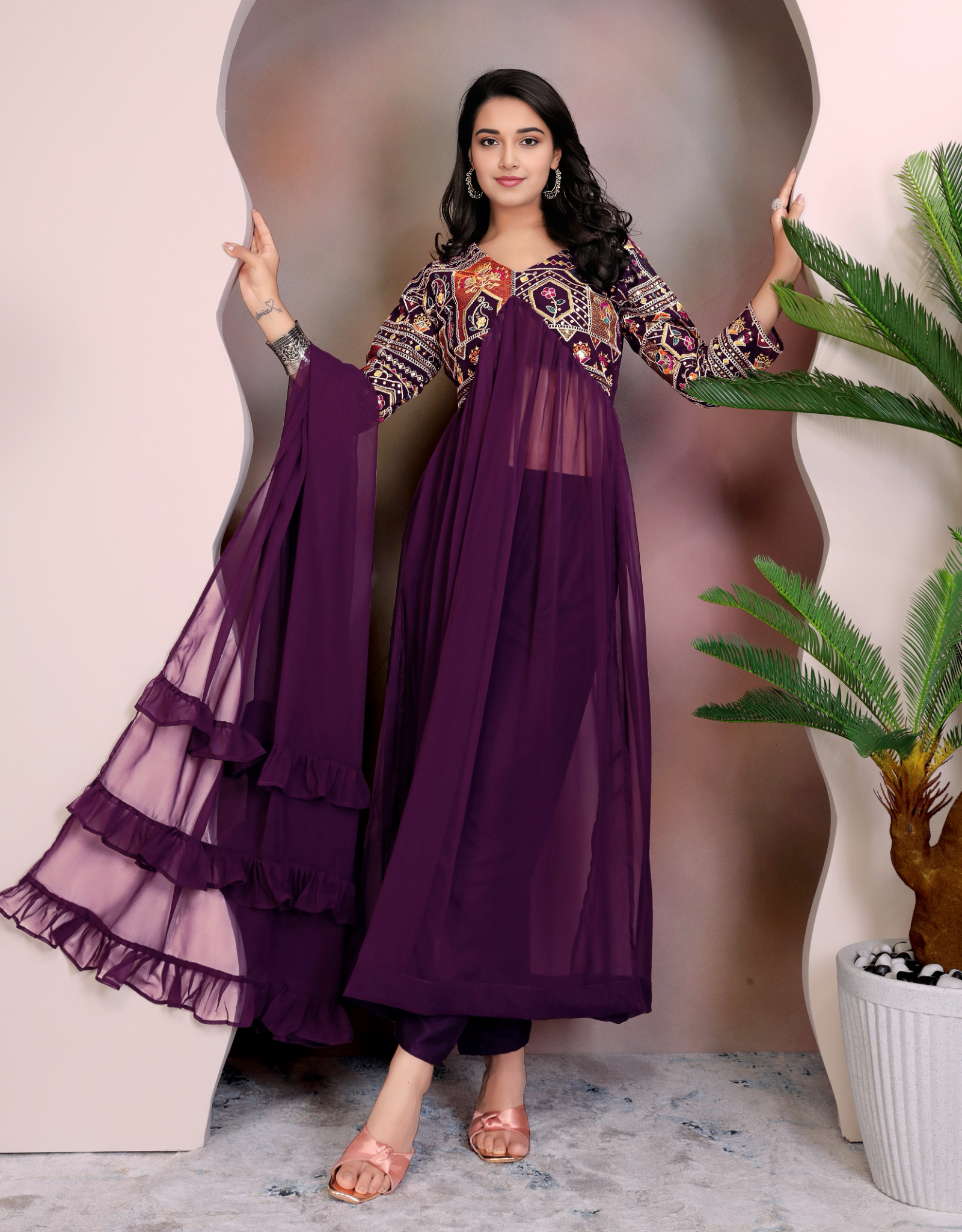 PURPLE Colour Anarkali Gown Pant With Dupatta Set