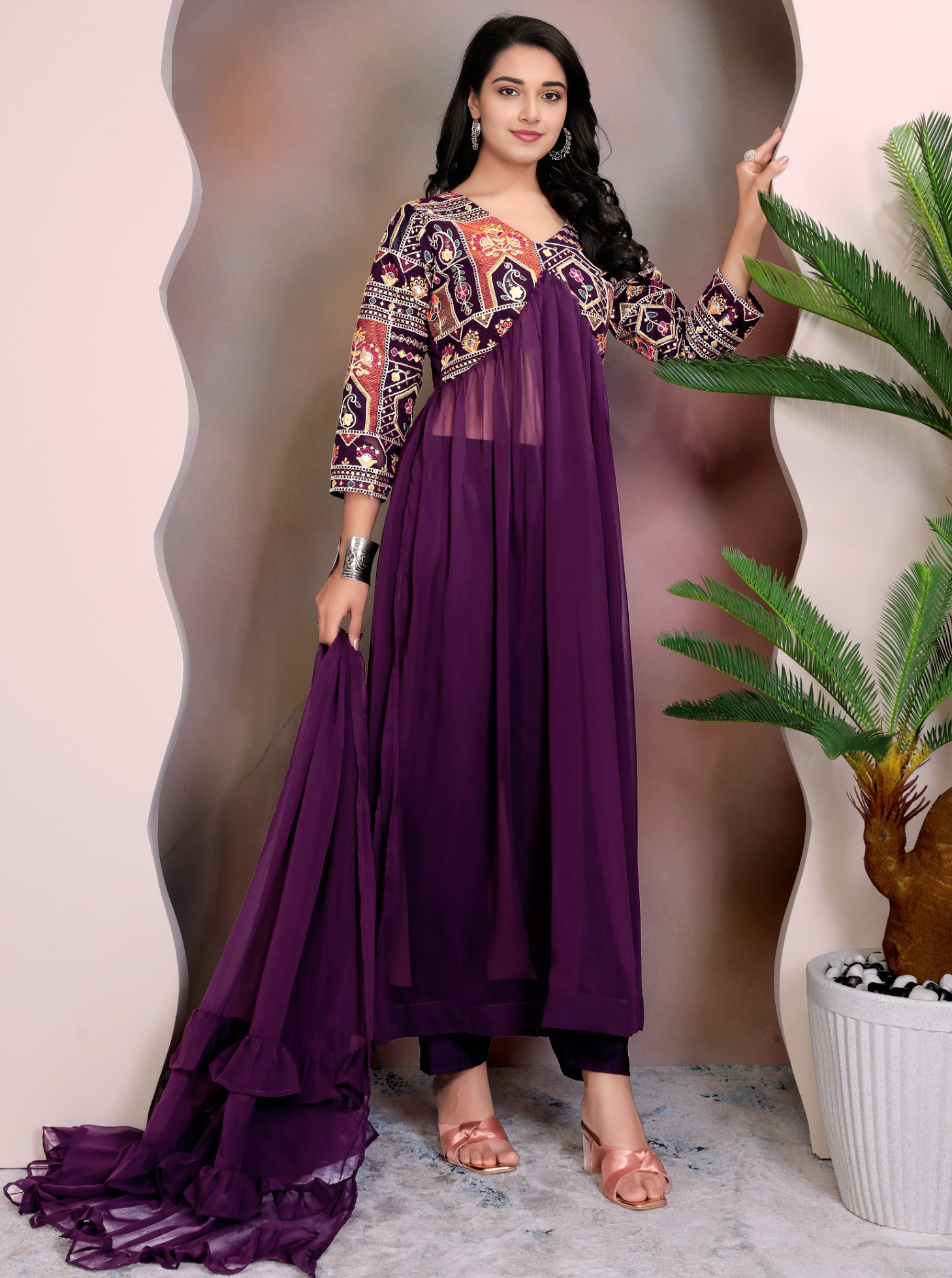 PURPLE Colour Anarkali Gown Pant With Dupatta Set