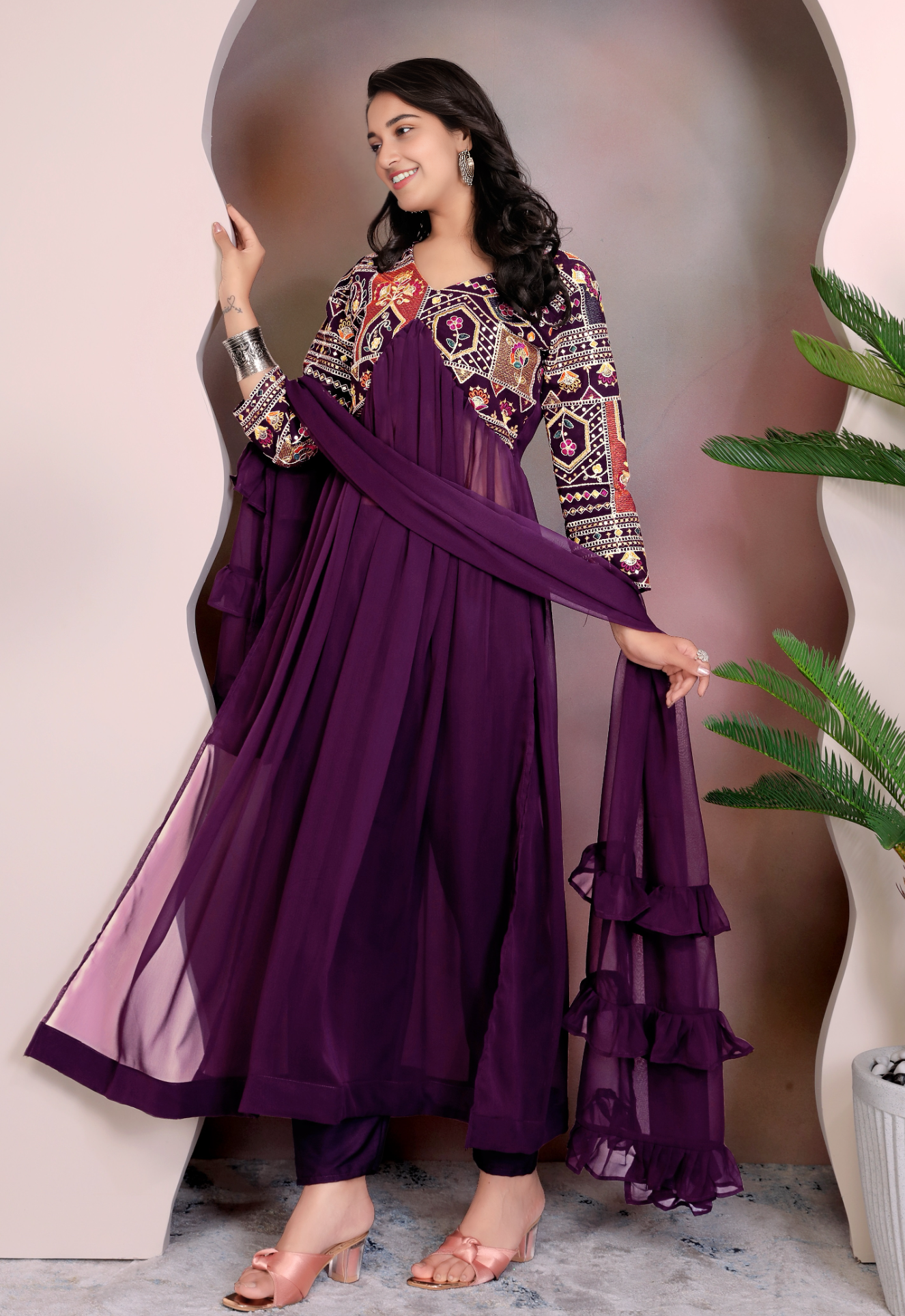 PURPLE Colour Anarkali Gown Pant With Dupatta Set